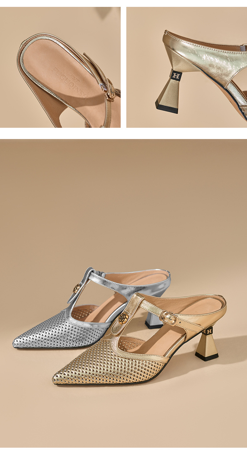 Sandal cao gót nữ quai chữ T mũi nhọn hở mũi, gót 7 cm — màu vàng chi tiết 9