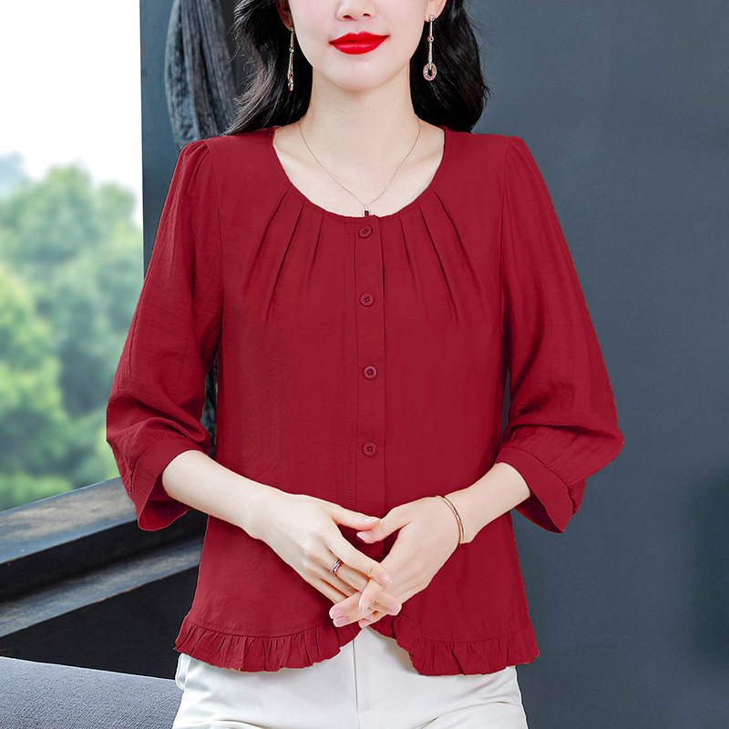 棉麻衬衫早秋女装2025新款法式荷叶边亚麻上衣洋气妈妈七分袖小衫|undefined