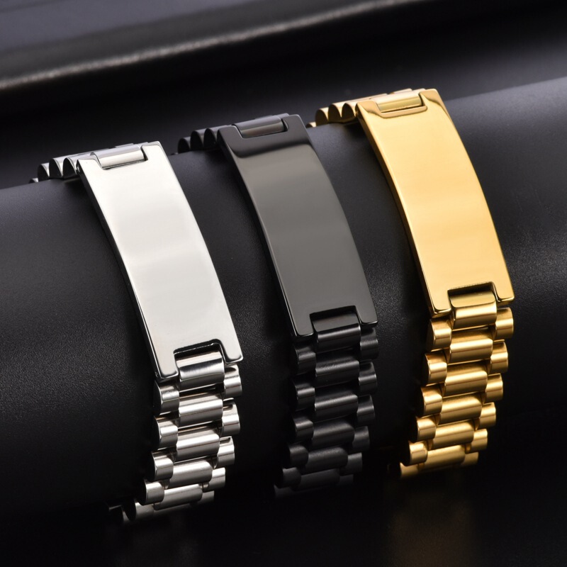 European and American Curved Watch Strap Titanium Steel Bracelet Fashionable Stainless Steel Men's Watch Chain Adjustable Bracelet Supports Customized Patterns