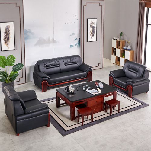 Office Sofa Set with Simple Coffee Table for Reception, Business Meetings, Modern Chinese Style Genuine Leather and Solid Wood Three-Seater Sofa