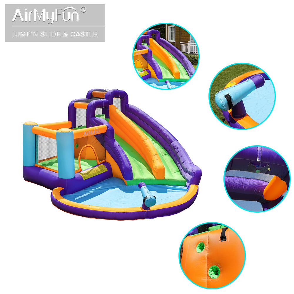 AMF | Hogar agua aerosol Castillo los niños tobogán inflable rociador de agua diapositiva inflable trampolín hogar pequeño