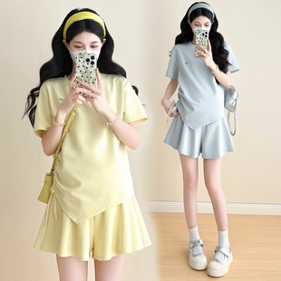 Real Shot of Ready-Made 2025 Youth Version Maternity Summer Fashion Loose T-Shirt + Shorts Simple Outing Two-Piece Set