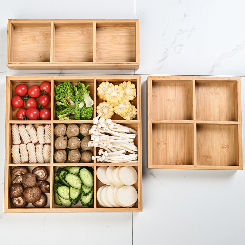 Bamboo Tea Brewing Tray with Nine-Compartment Grid, Snack and Dried Fruit Tray, Commercial Hot Pot Side Dish Platter, Grid Tray