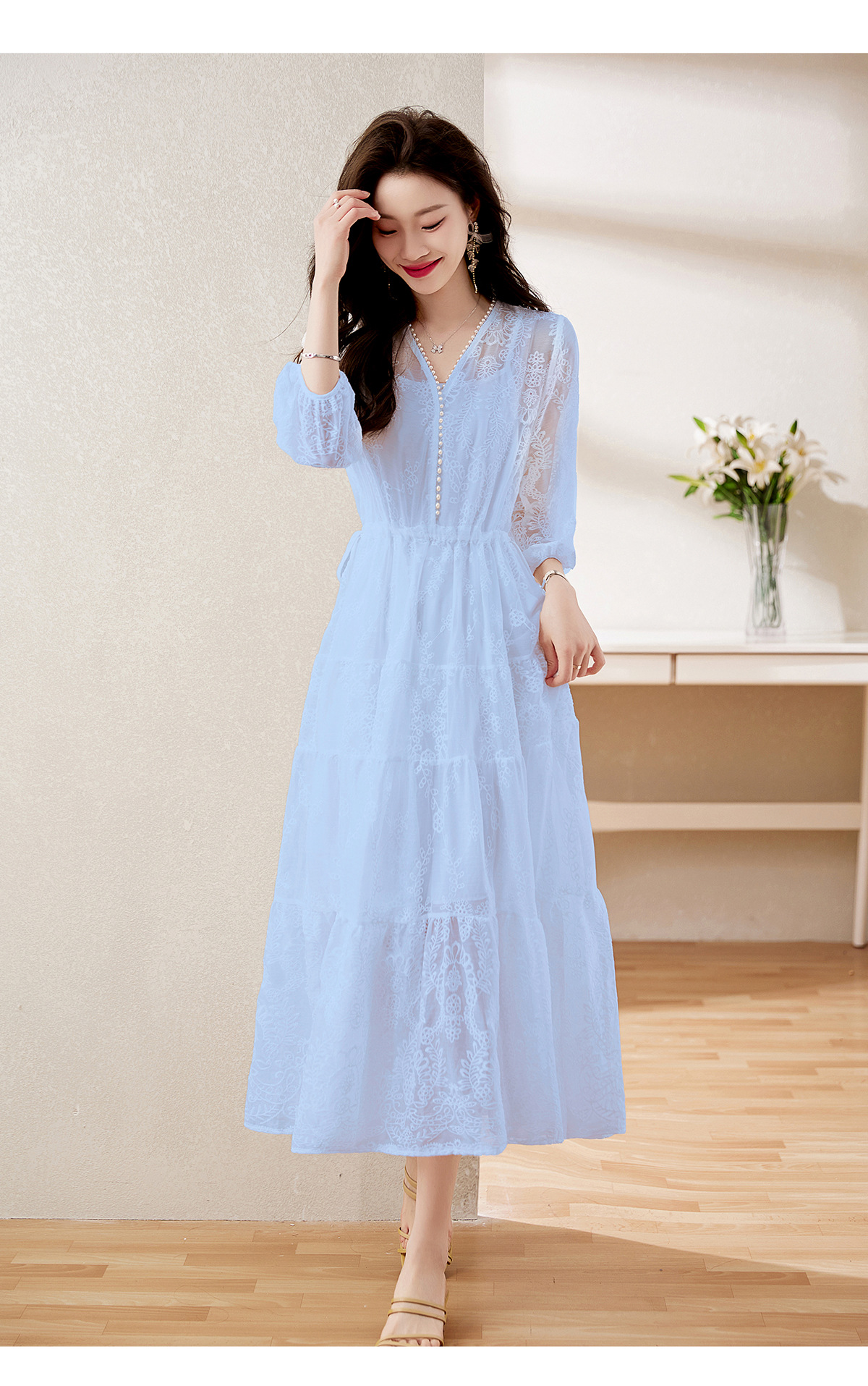 Đầm maxi nữ cổ V thắt eo dáng dài thanh lịch NY1608 — xanh lam, màu tím, màu vàng chi tiết 15
