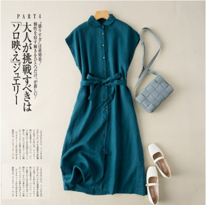 日系外贸棉麻衬衫连衣裙女2025夏季新品大码胖mm女装纯色通勤裙女