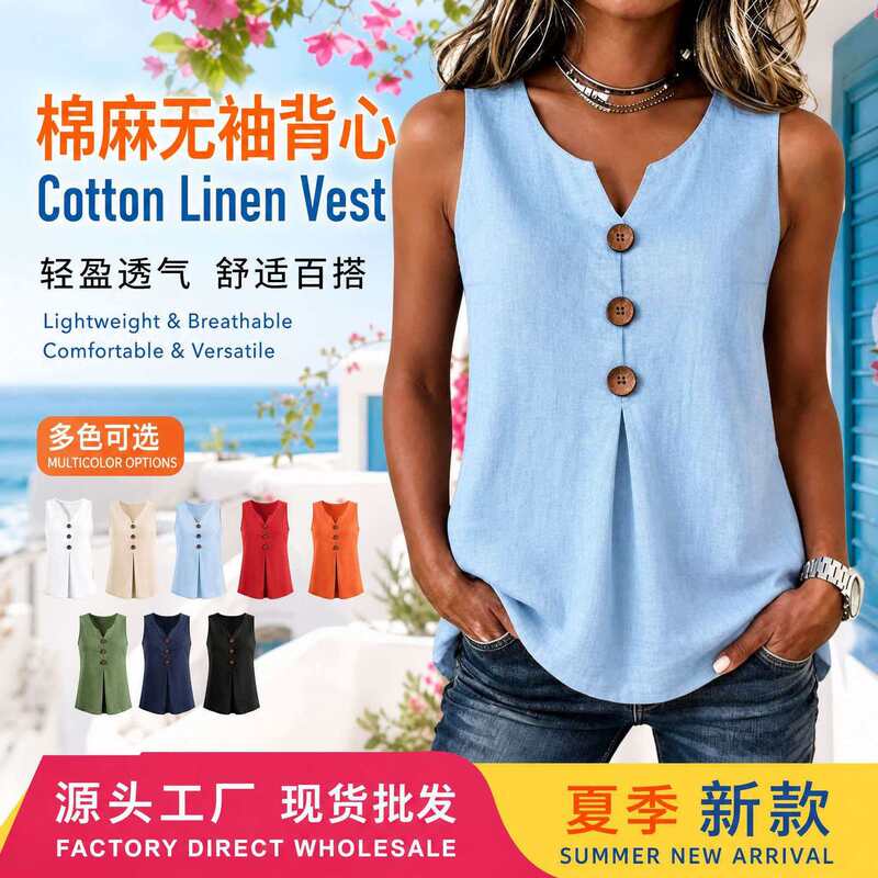 In-Stock Wholesale New European and American Amazon Cross-Border Spring and Summer Women's V-Neck Cotton and Linen Buttoned Sleeveless Vest Top