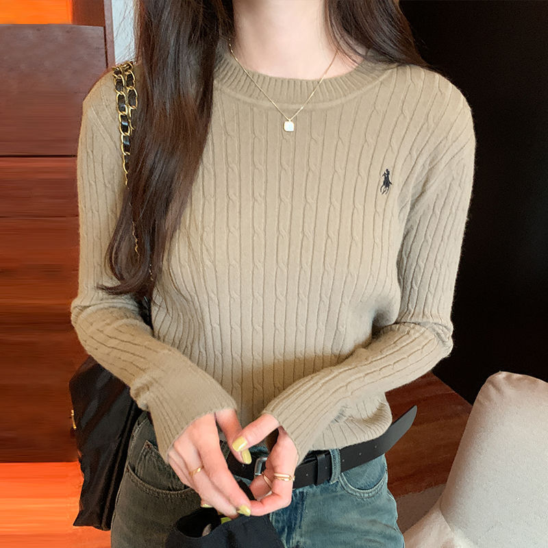 Pony Logo Embroidered Knit Sweater for Women, Autumn/Winter 2026 New Style, Cable Knit Sweater, Base Layer Top, Long Sleeve Pony Logo Embroidered Knit Sweater for Women, Autumn/Winter 2026 New Style, Cable Knit Sweater, Base Layer Top, Long Sleeve