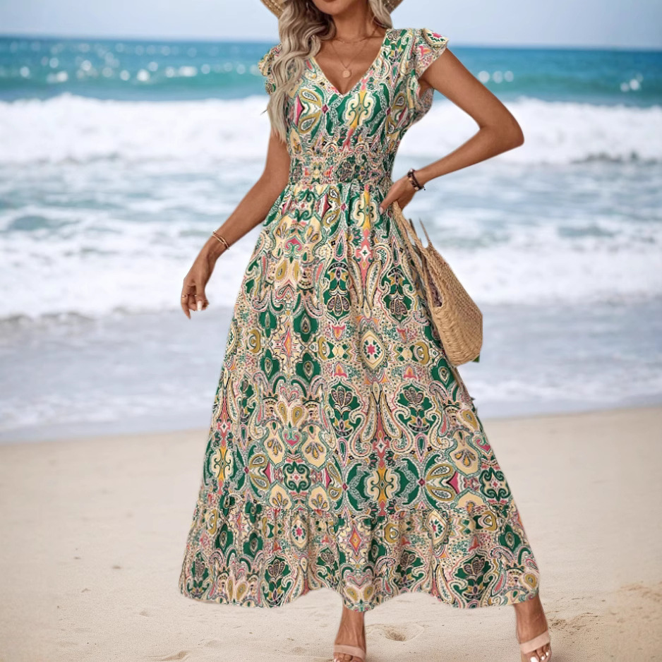 European And American Summer Bohemian Beach Vacation Style Printed Women's Cross-Border Waist-Cinching Long Dress_ecoleips.com