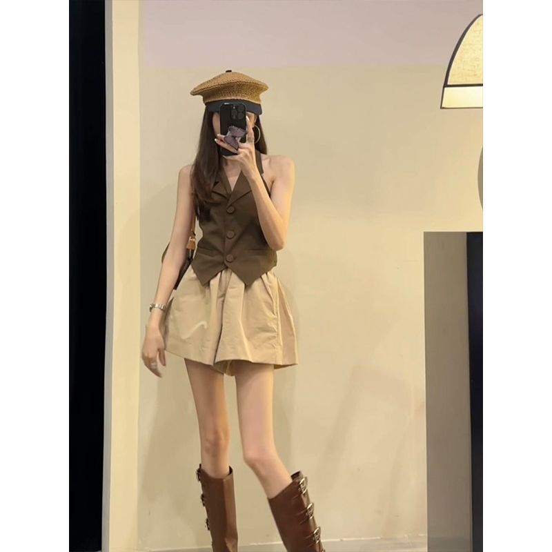 韩系时尚套装女2025夏季气质西装领马甲百搭休闲阔腿短裤两件套