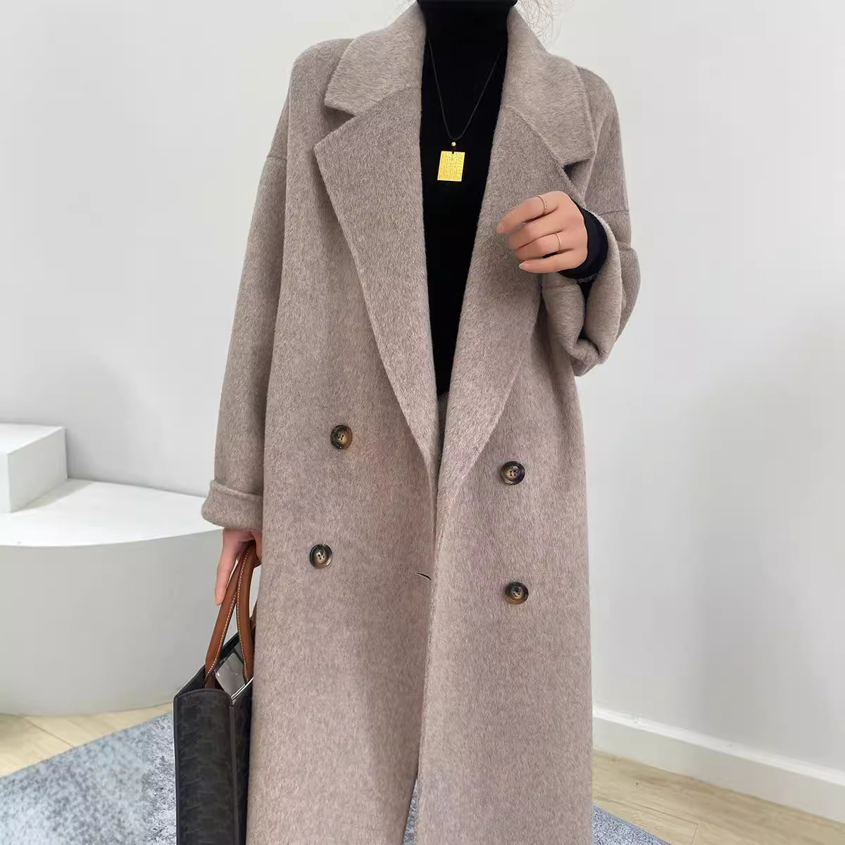 2024 New Fluffy Soft Ultra-Fine Double-Sided Cashmere Coat for Women, Cocoon-Shaped Gray Alpaca Wool Thickened Woolen Jacket