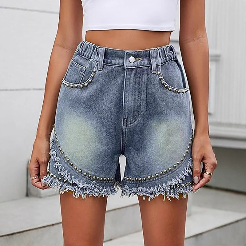 European and American Women's Rubber Waist Double Rust Rivet Inlaid Punk Denim Shorts