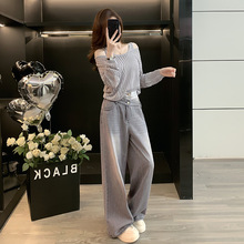 酷飒拽姐套装女1秋季设计感小众感韩系休闲街头牛仔阔腿裤两件套