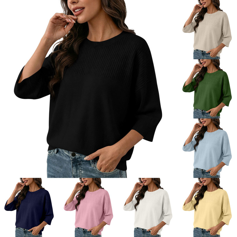 2026 Spring/Summer Cross-Border Hot-Selling Round Neck Three-Quarter Sleeve Knitted Sweater for Women, Loose Fit, Slimming, Thin Pullover Top, Customizable 2026 Spring/Summer Cross-Border Hot-Selling Round Neck Three-Quarter Sleeve Knitted Sweater for Women, Loose Fit, Slimming, Thin Pullover Top, Customizable
