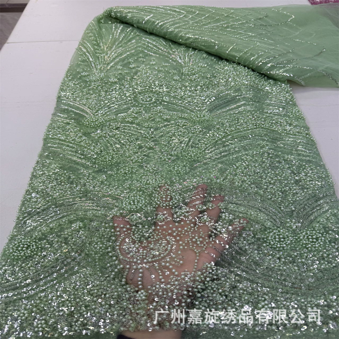 Nuevo diseño de estilo francés con bordado de pequeñas cuentas y lentejuelas, tela de encaje de malla transparente y ligera para vestidos de mujer, ropa infantil y qipao.