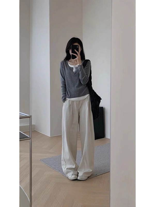 黑色假两件长袖T恤女春秋不规则拼接修身显瘦内搭针织打底衫上衣|undefined