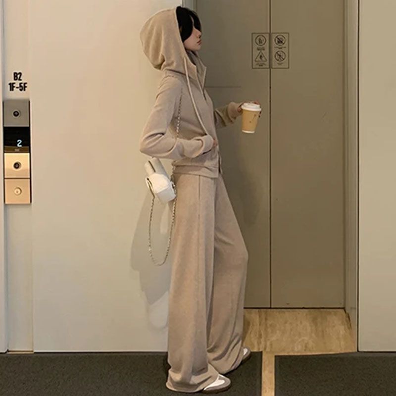 韩版春秋季新款休闲运动套装纯色连帽甜酷风开衫长袖卫衣两件套潮|undefined