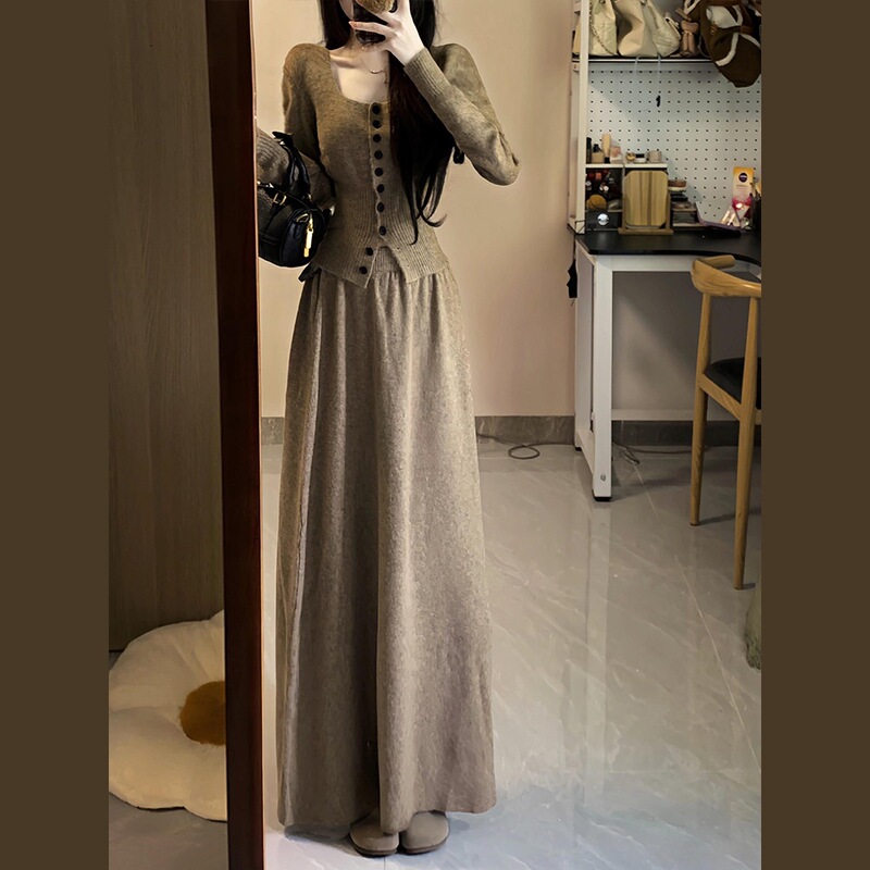 小香风针织毛衣套装连衣裙子女早秋2025新款高级感长裙搭配一整套|undefined