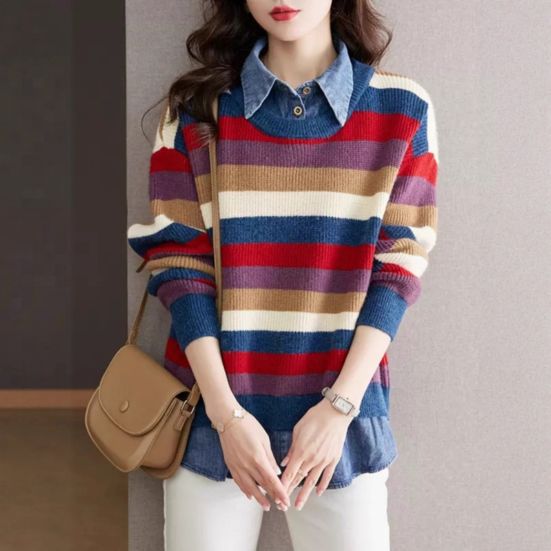 Fake Two-Piece Denim Shirt Spliced ​​Striped Knitwear for Women Loose Outer Wear Autumn and Winter French Knitwear Western Style Bottoming Shirt