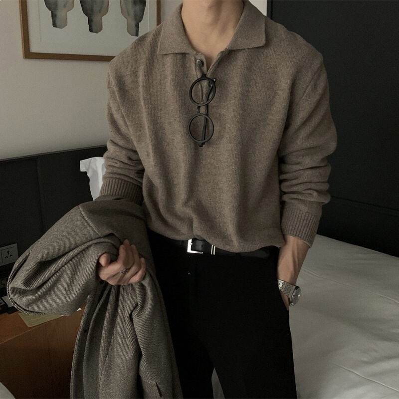 New Trendy Men's Sweater from Dongdaemun, Korean Men's Fashion, Designer Polo Collar, Skin-Friendly Loose Knit Sweater
