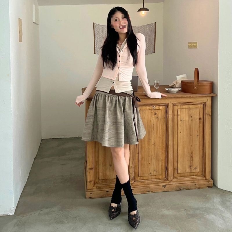 美式辣妹修身假两件长袖针织衫上衣女个性复古格纹半身裙两件套装|undefined