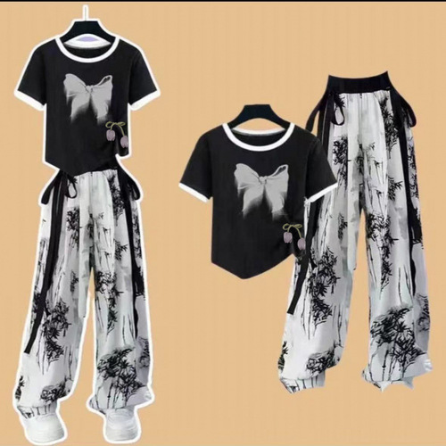 Summer Retro Set for Girls, Literary Chinese Style, Ice Silk Ink Painting Parent-Child Set