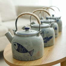 陶瓷茶壶大号粗陶手绘提梁壶中式1000毫升泡茶壶餐厅水壶复古家用