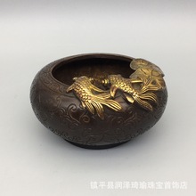 古玩铜器收藏双鱼圆笔洗摆件铜鎏金工艺精湛 包浆醇厚型态完整