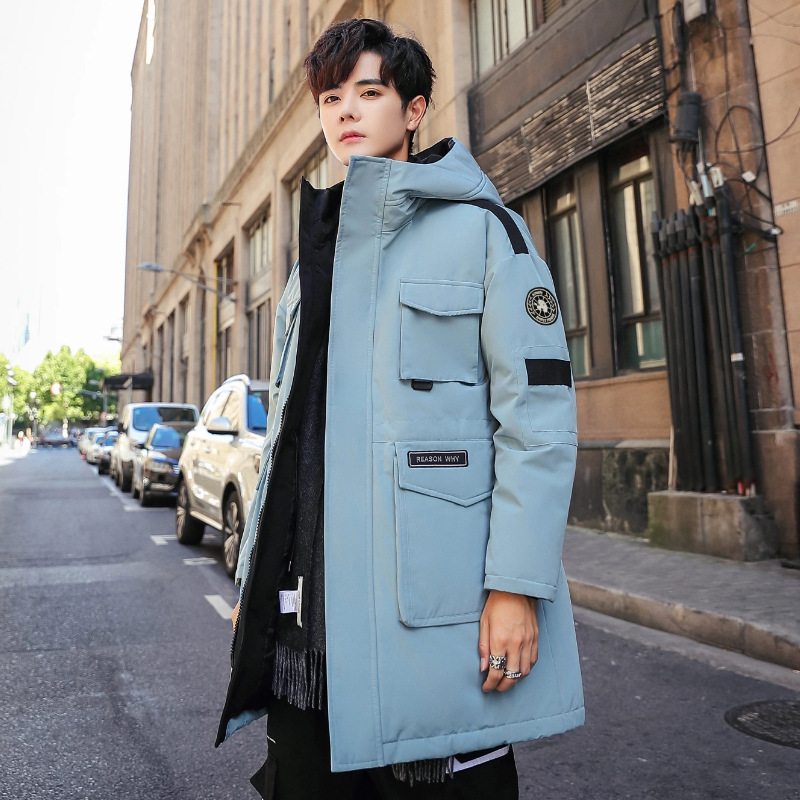 Workwear down jacket mid-length men's large pocket winter youth hooded warm jacket off-season clearance cross-border