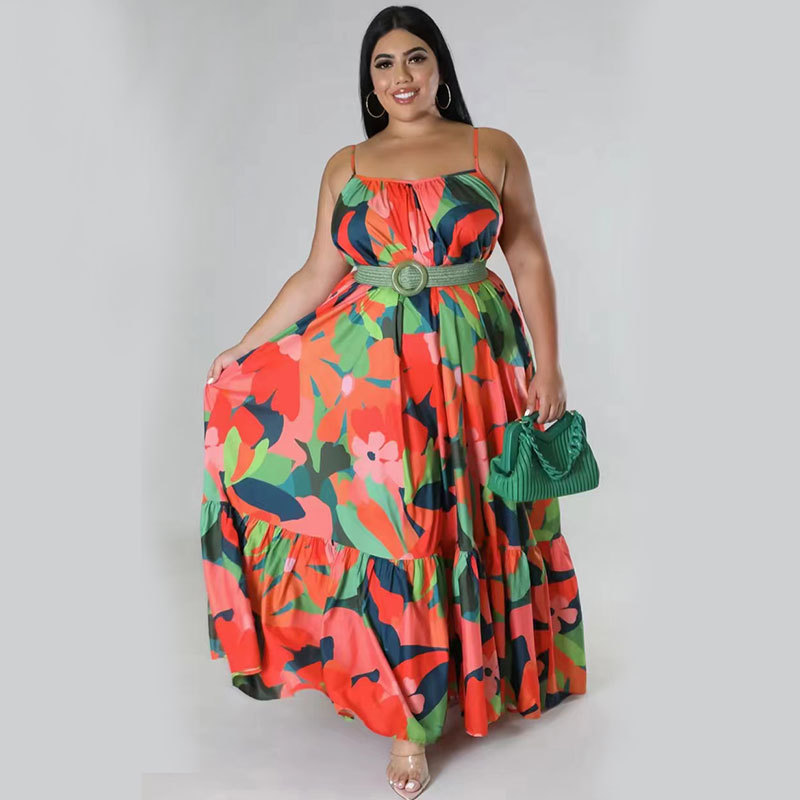 A-line Skirt Casual Collarless Printing Pleated Sleeveless Flower Maxi Long Dress Daily display picture 2