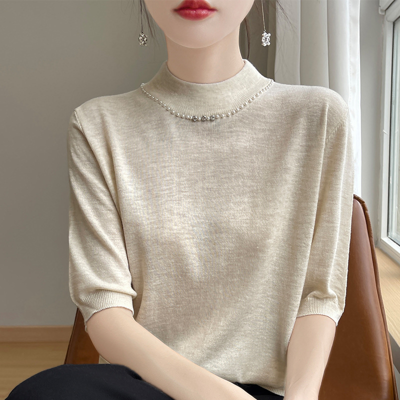 Light luxury knitted semi-high collar mid-sleeve bottoming shirt women's spring and autumn new foreign-style inner half sleeve top knitted wholesale