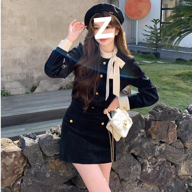 富家千金スーツの女性の小香蝶結びのベルベットのコート秋の冬の高腰の半身のスカートの短いスカートの2つのセット|undefined