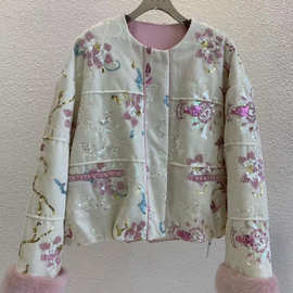 冬季新款重工亮片刺绣珠片水貂毛加厚保暖女短皮款草外套保暖时尚