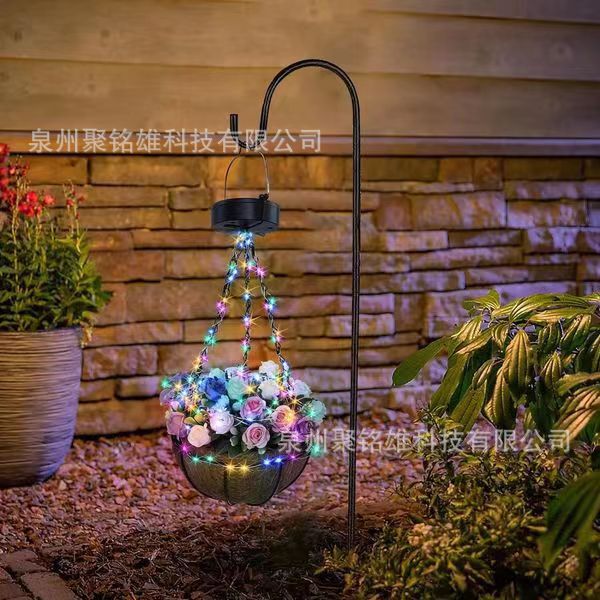 New Solar Hanging Basket Pot Lamp LED Coconut Palm Hanging Basket Flower Basket Decorative Lamp Outdoor Balcony Flower Pot Chandelier