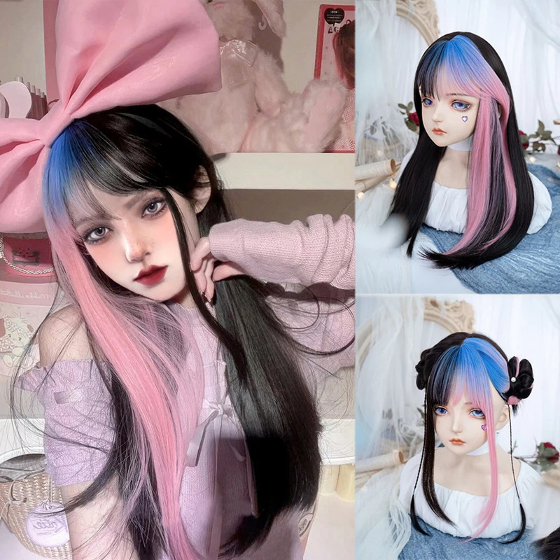Long Straight Synthetic Wig Women's Pink and Turquoise Gradient Bang Dye White Bang Cosplay Lolita