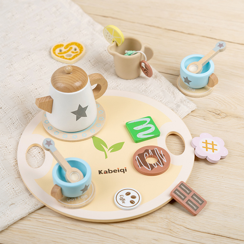 Juego de té de la tarde de simulación de madera para niños, juego de postre, cocina para bebés, juego de casas, juguetes educativos para la educación temprana image 1