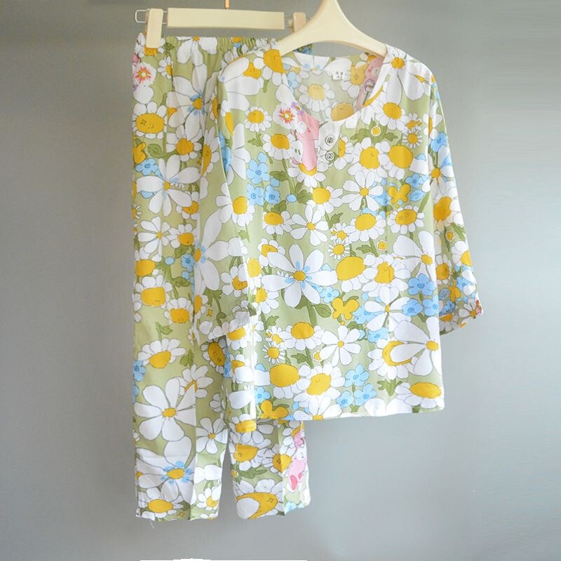 Cotton Silk Pajamas for Women, Summer Thin Style, 7/8 Sleeves, Middle-Aged and Elderly Artificial Cotton Mom's Home Wear, Can Be Worn Outside, Cotton Silk Set Cotton Silk Pajamas for Women, Summer Thin Style, 7/8 Sleeves, Middle-Aged and Elderly Artificial Cotton Mom's Home Wear, Can Be Worn Outside, Cotton Silk Set