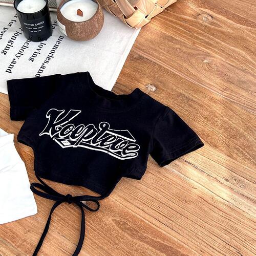 Girls 23 summer short-sleeved T-shirt baby girl hip-hop jazz dance short waist straps fashionable top trendy 0015