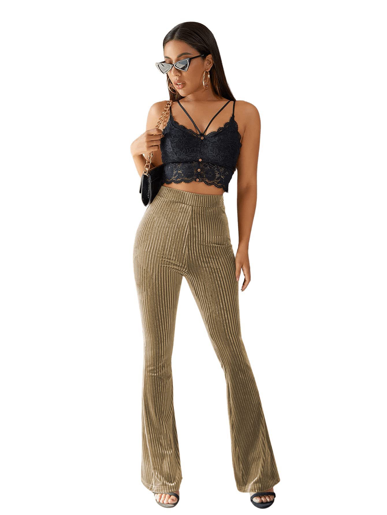 Title 25, Nuovi Pantaloni Svasati Donna in Velluto Oro a ...