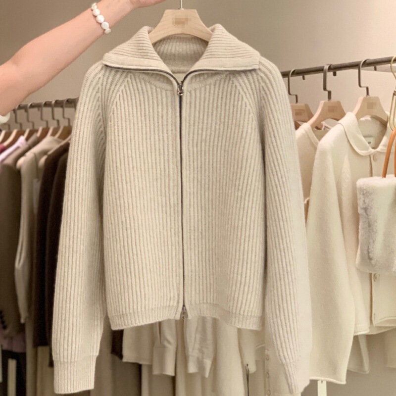 Heavyweight New Autumn/Winter Women's Wool Cardigan 100% Cashmere Zipper Collar Sweater Knitted Loose Thick Coat