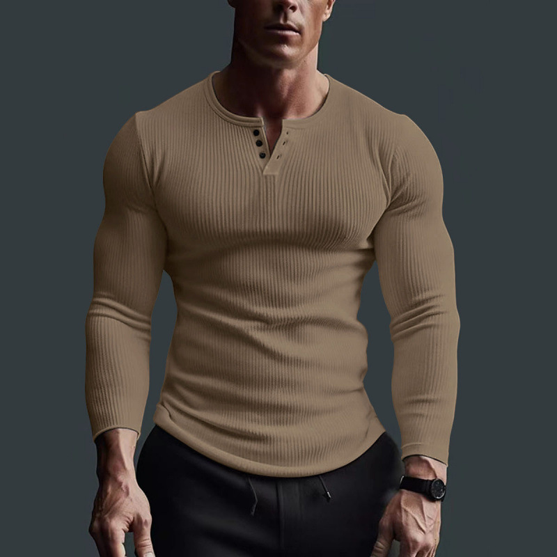 Cross-Border Men's Long-Sleeve Fitness High-Elastic Base Shirt European and American Men's Fashion Buttoned V-Neck Solid Color Plus-Size Casual T-Shirt