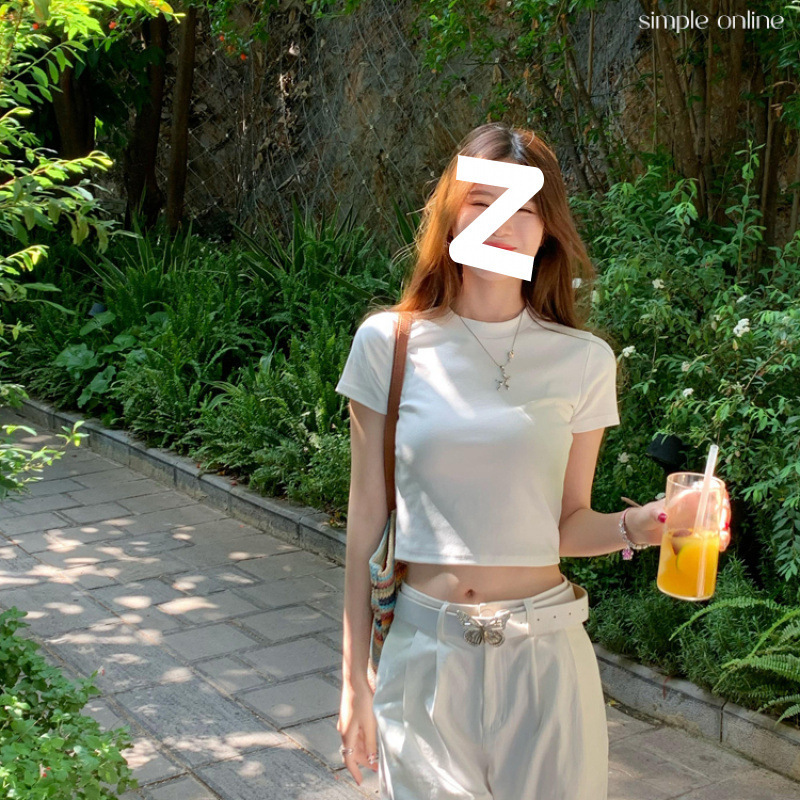 Red Shoulder Women's T-Shirt Short Sleeve Short Summer 2025 New Explosions Round Neck Slim Fit Inner Base