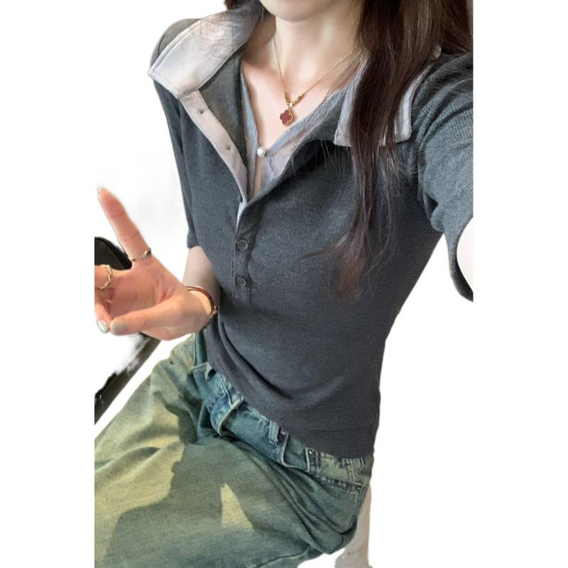 欧货设计感假两件蕾丝拼接polo领短袖T恤女2025夏新款酷辣上衣女|undefined