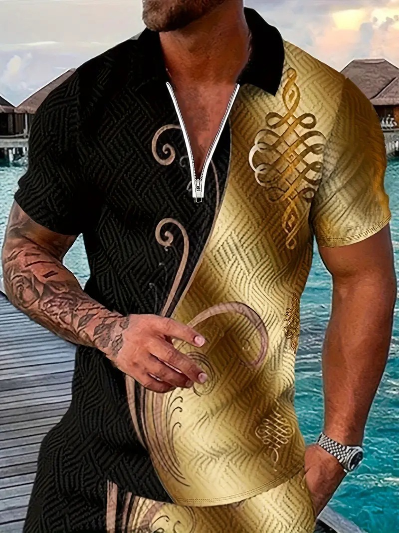 Camisa POLO con cremallera de solapa de manga corta suelta y transpirable casual con estampado 3D de moda de alta calle para hombres