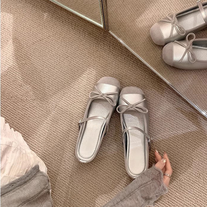 Sheepskin~Grape Mom's Same Style 4cm Height-Increasing Ballet Shoes for Women with Bowknot, Genuine Leather Closed-Toe Slip-On Sandals