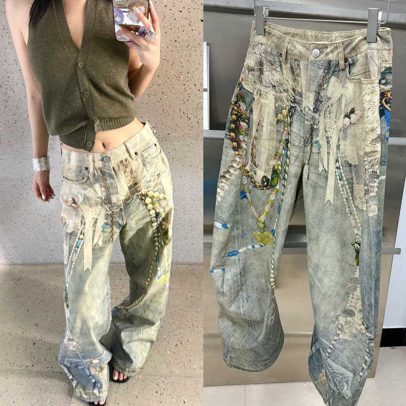 重工潮牌新款做旧风格蕾丝3D印花牛仔裤男女牛仔长裤明星同款潮流|undefined
