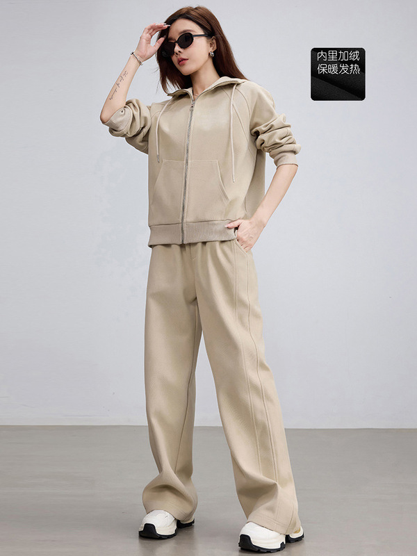2025新款拉链连帽外套秋冬加绒两件套女装宽松显瘦轻运动休闲套装|undefined