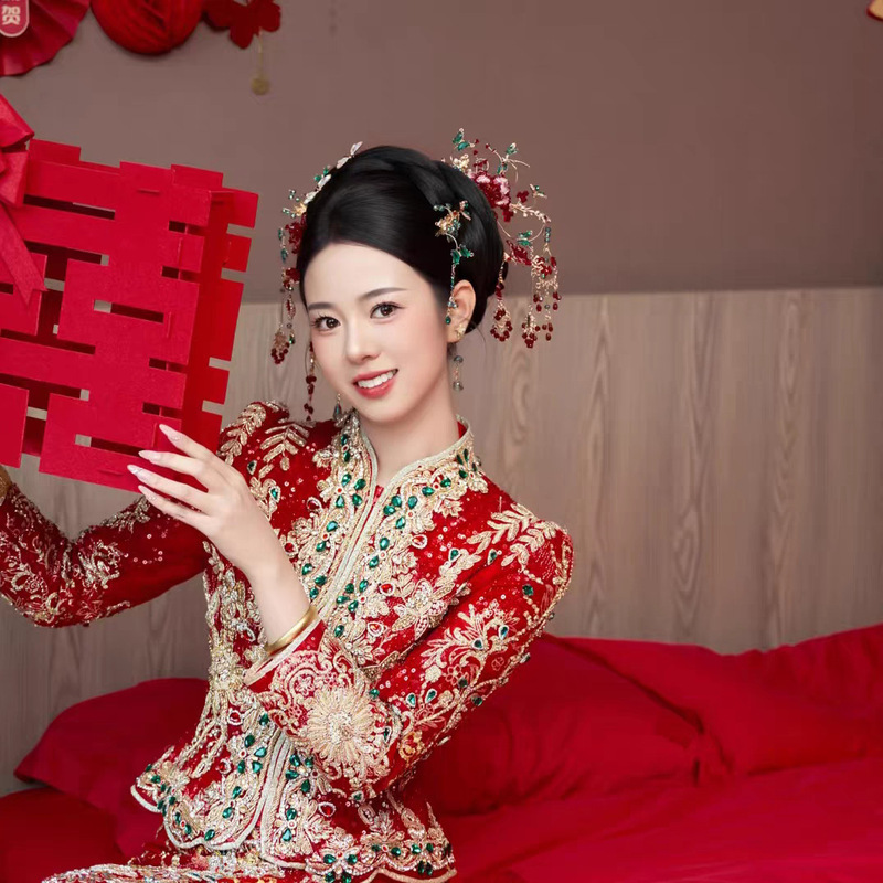 高级减龄红绿色秀禾发饰中式婚礼跟妆造型步摇配饰套装新款  头饰|undefined