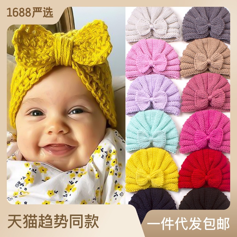 ins Autumn and Winter New Baby Bow Hat European and American Children's Knitted Warm Wool Hat Baby Fetal Hat