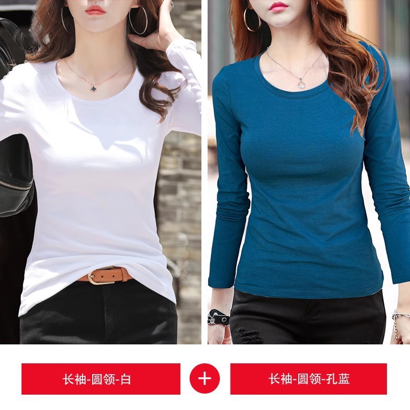 2025年新款春秋白色长袖t恤女修身加绒圆领打底衫内搭上衣服|undefined