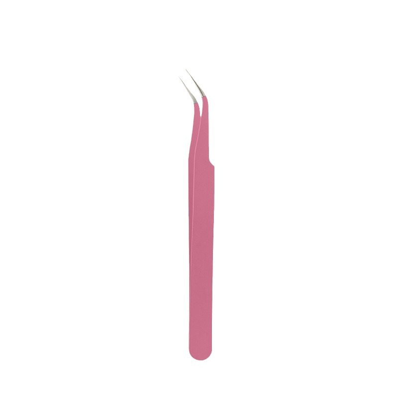 Pinzas para pestañas de acero inoxidable, punta curva, rosa